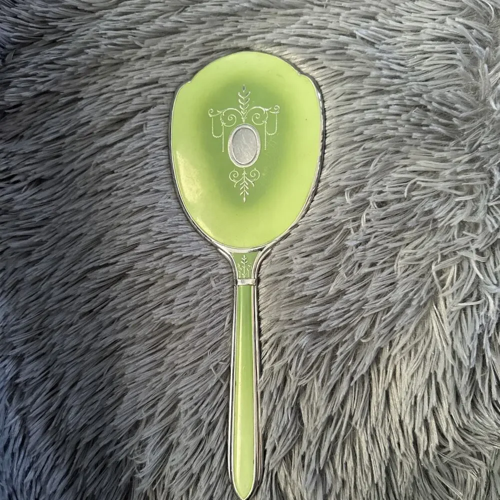 Art Deco Vintage Lime Green Enamel Hand Mirror Silver Tone Vanity